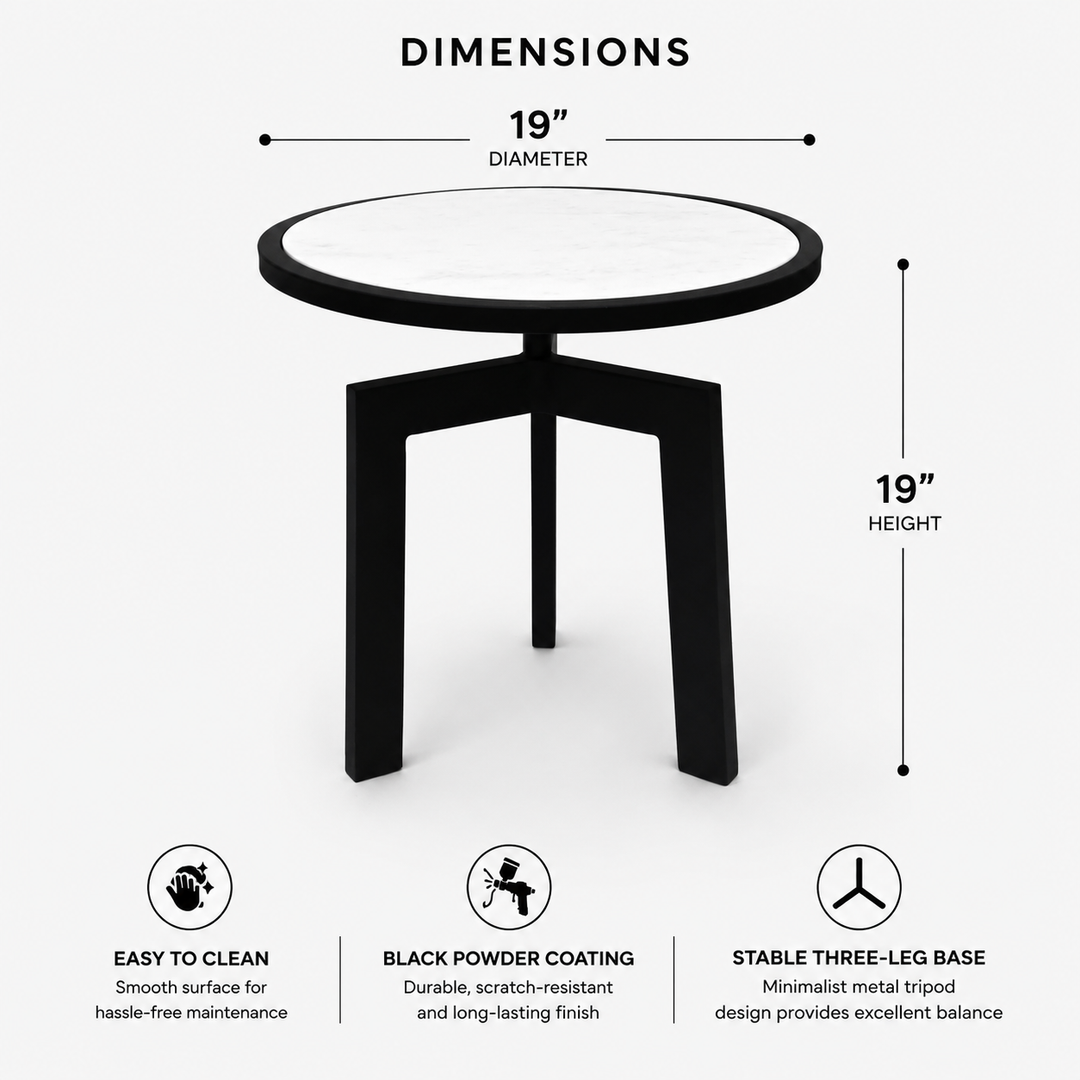 Marble Side Table | Round End Table | Black Metal Frame | Modern Living Room Accent