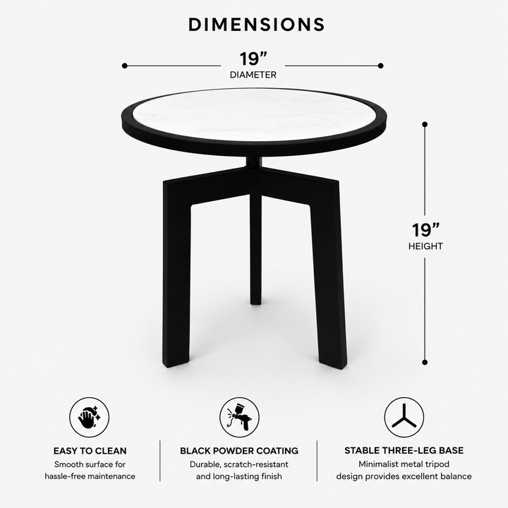 Marble Side Table | Round End Table | Black Metal Frame | Modern Living Room Accent