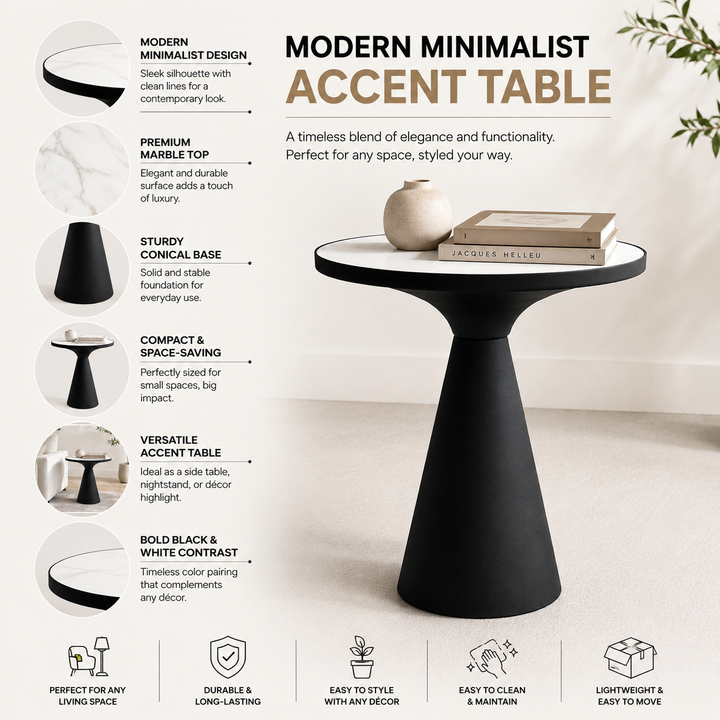 End Table | White Marble Top Side Table | Black Metal Frame | Modern Living Room Decor