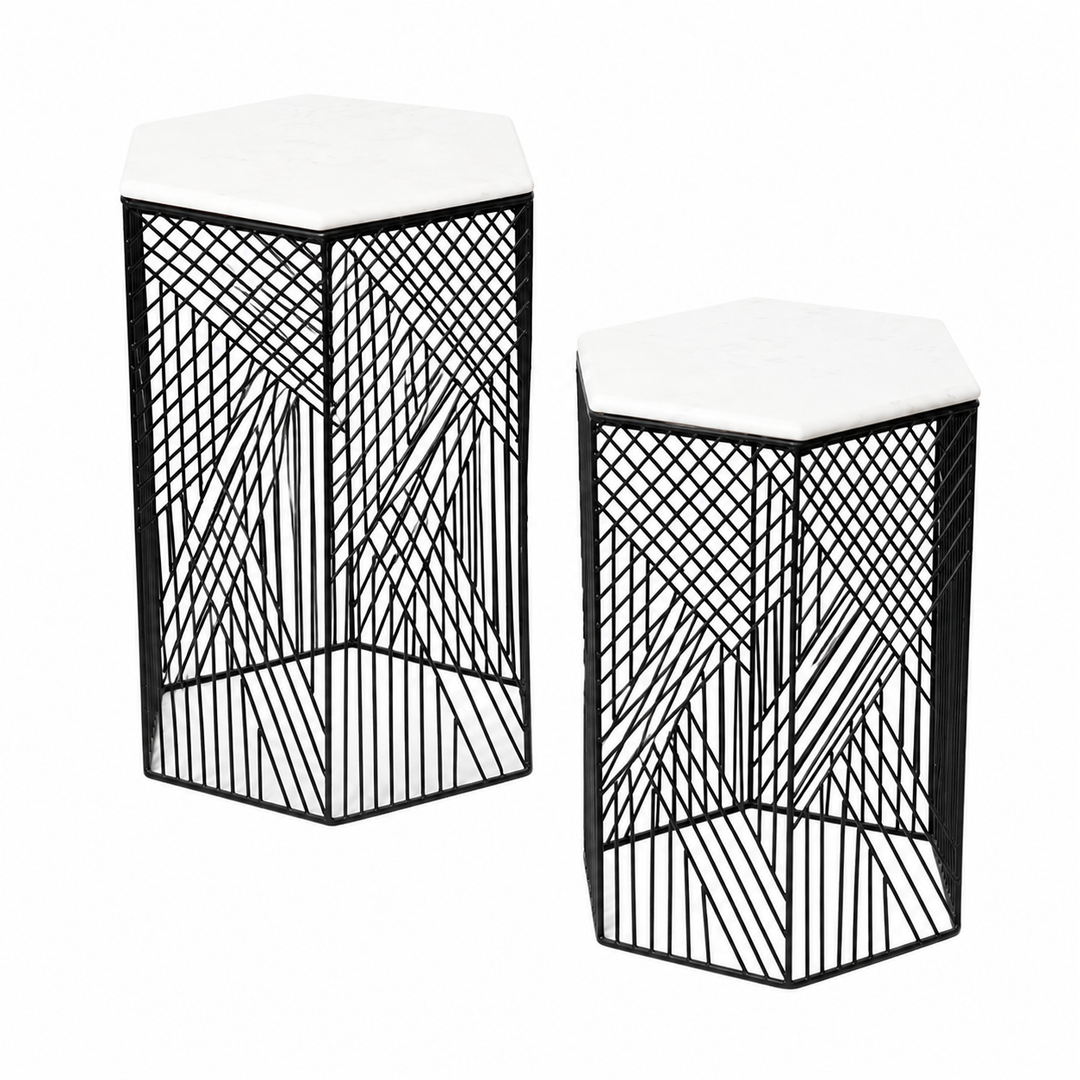 Hexagon Marble Nested Side Tables | 2-Piece Set | Stylish Living Room Accent