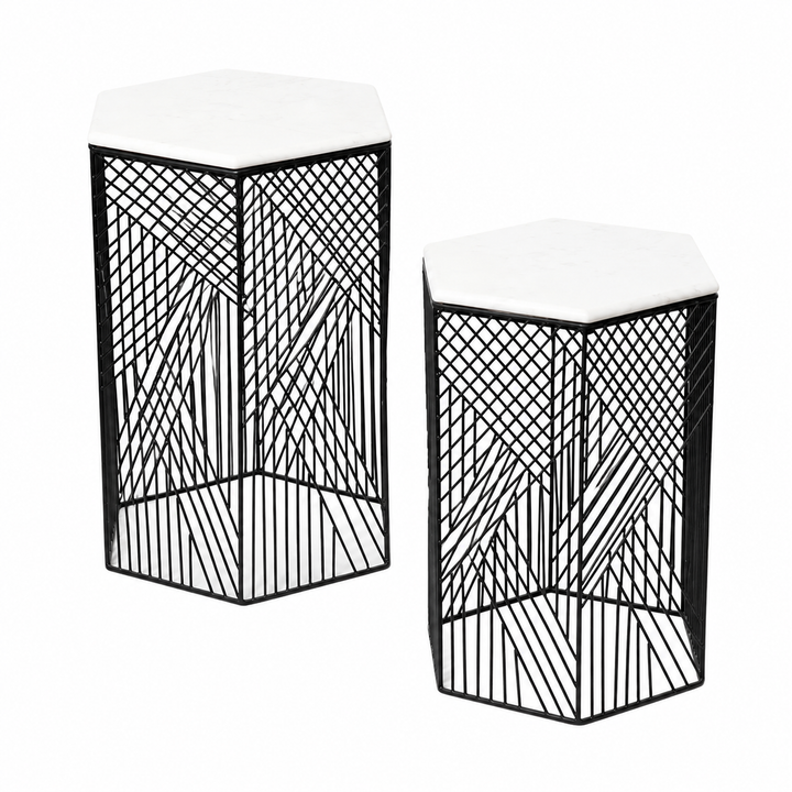 Hexagon Marble Nested Side Tables | 2-Piece Set | Stylish Living Room Accent