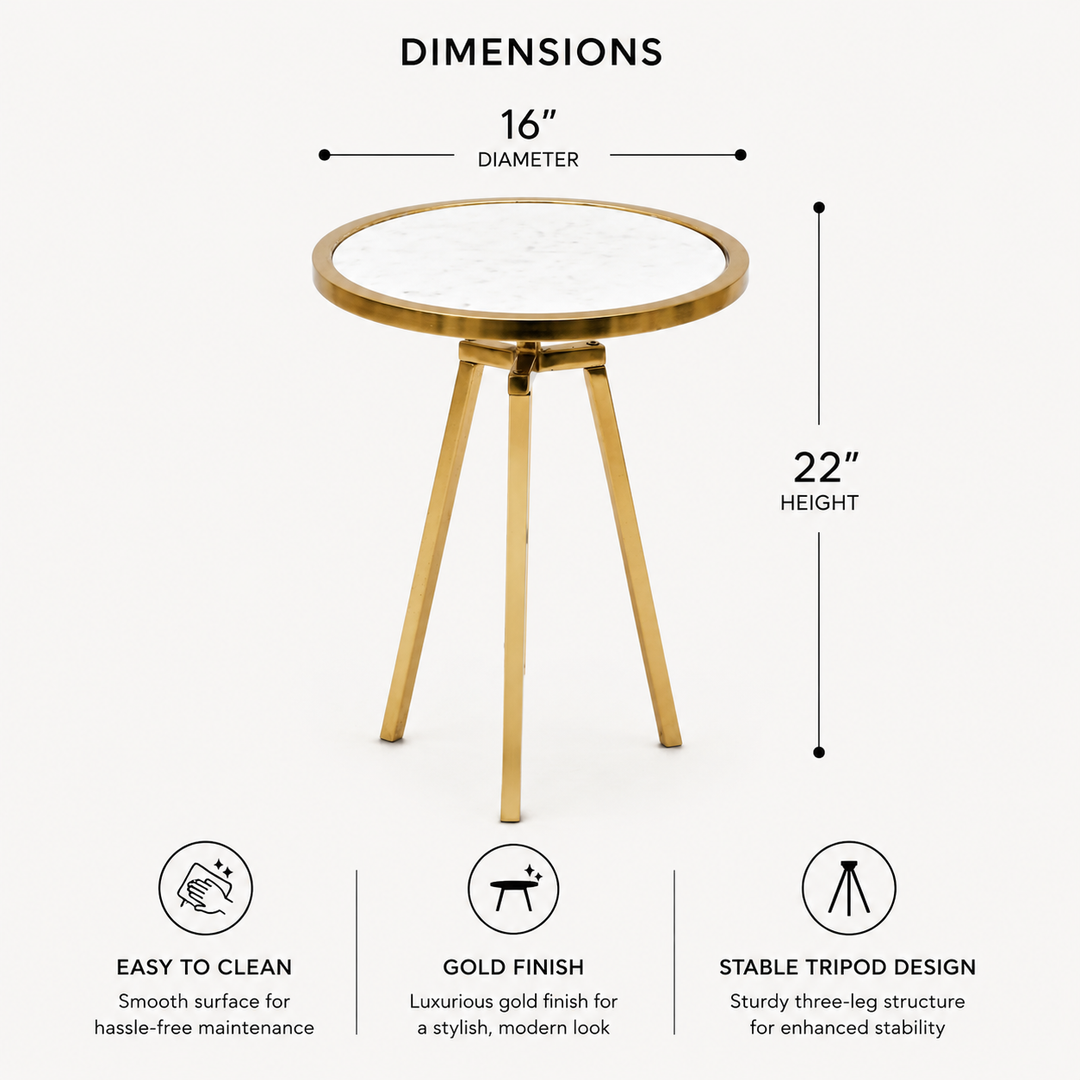 Round Marble Top Side Table | Gold Metal Frame | End Table | Accent Furniture