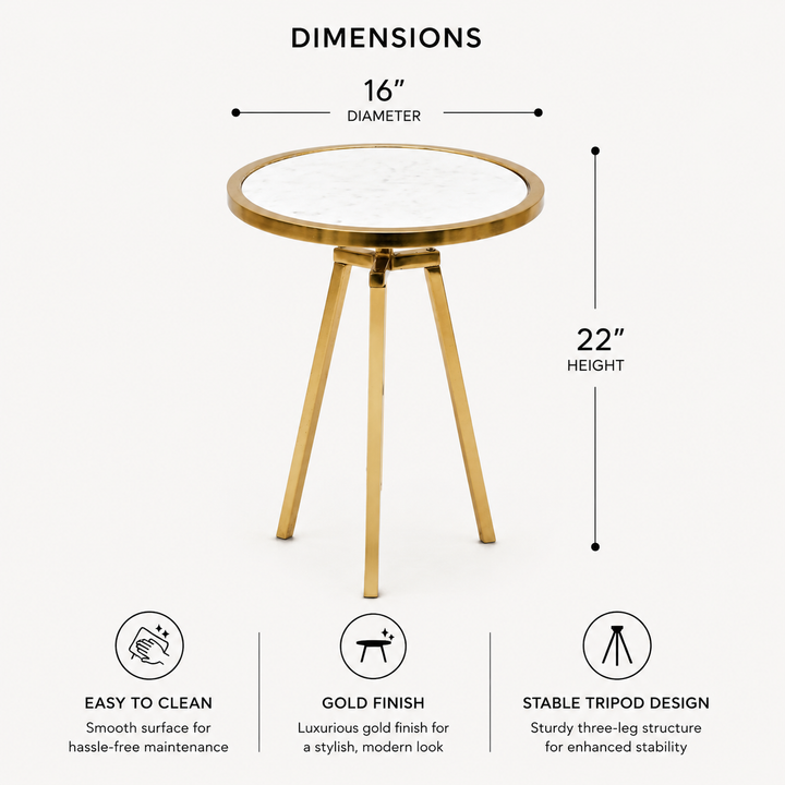 Round Marble Top Side Table | Gold Metal Frame | End Table | Accent Furniture