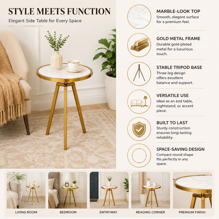 Round Marble Top Side Table | Gold Metal Frame | End Table | Accent Furniture