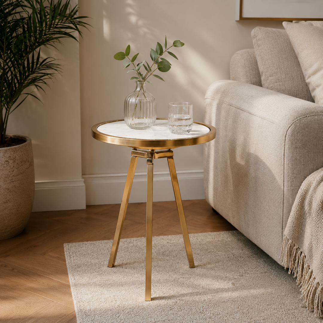 Round Marble Top Side Table | Gold Metal Frame | End Table | Accent Furniture