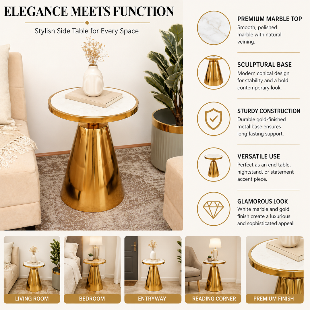 White Marble Side Table | Gold Metal Frame | Modern End Table | Home Decor Accent