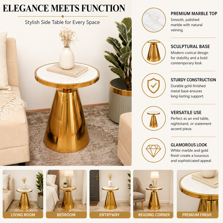 White Marble Side Table | Gold Metal Frame | Modern End Table | Home Decor Accent