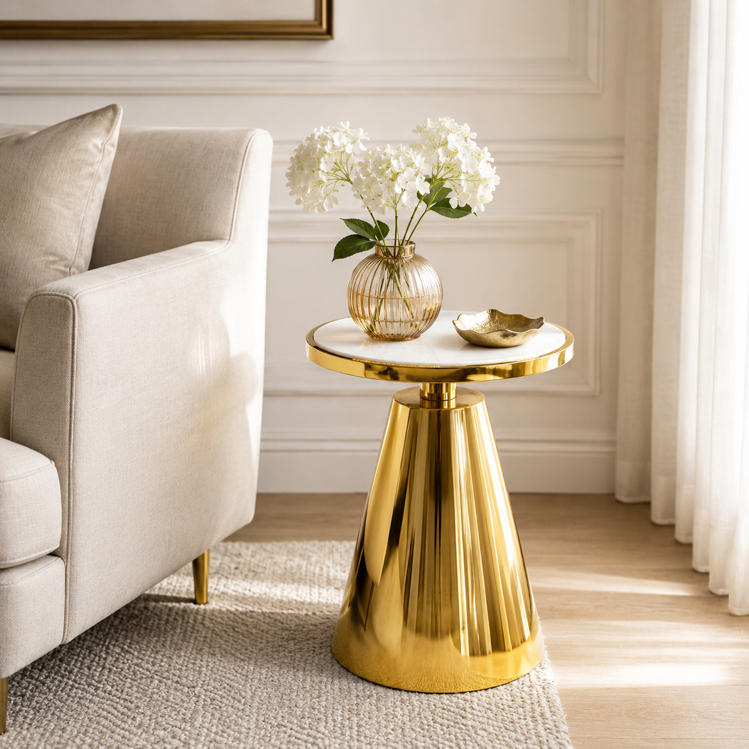 White Marble Side Table | Gold Metal Frame | Modern End Table | Home Decor Accent