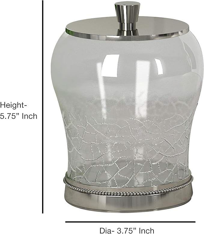Bathroom Vanity Storage Organiser, Canister, Apothecary Jar for Cotton Swabs, Rounds, Balls, Crackle Glass with Metal Trims