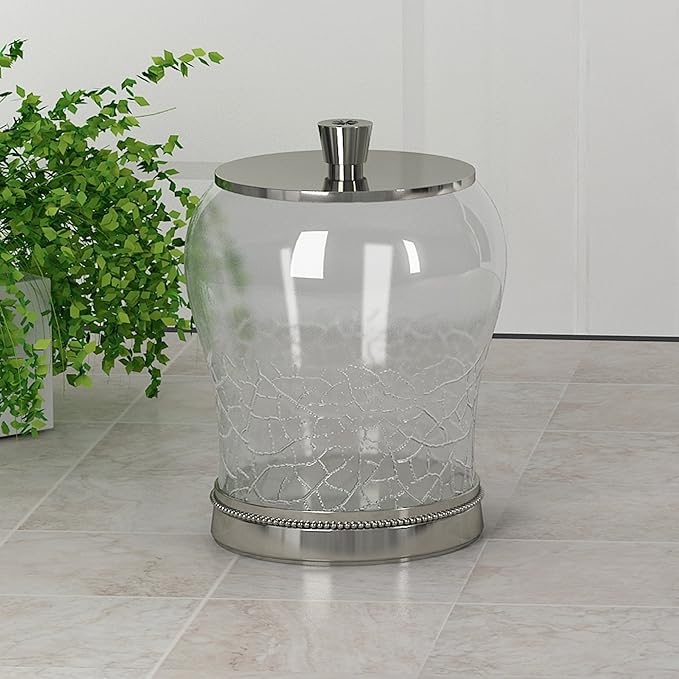Bathroom Vanity Storage Organiser, Canister, Apothecary Jar for Cotton Swabs, Rounds, Balls, Crackle Glass with Metal Trims