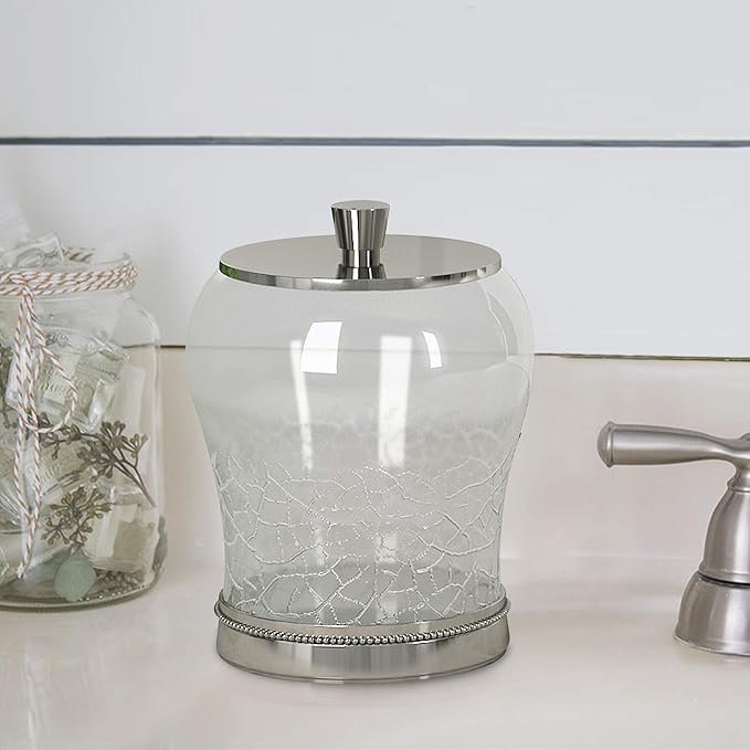 Bathroom Vanity Storage Organiser, Canister, Apothecary Jar for Cotton Swabs, Rounds, Balls, Crackle Glass with Metal Trims