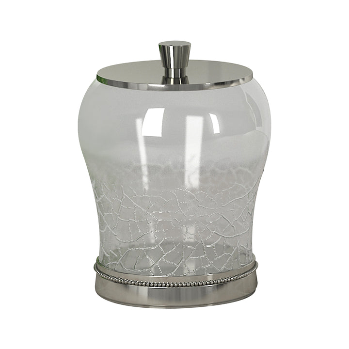 Bathroom Vanity Storage Organiser, Canister, Apothecary Jar for Cotton Swabs, Rounds, Balls, Crackle Glass with Metal Trims