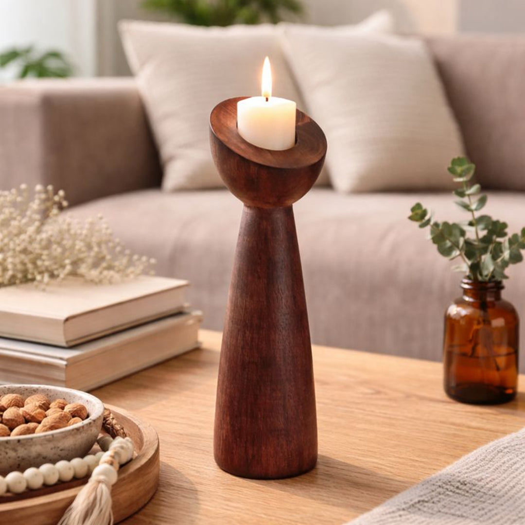 Wooden Candle Holder 15" | Mango Wood Decorative Pillar Candle Stand