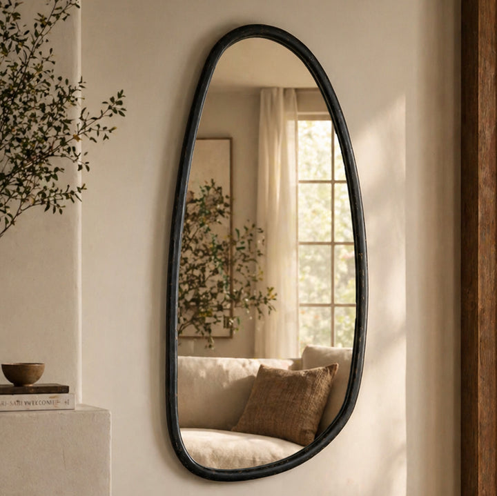 Wall Mirror with Blackwash Mango Wood Frame, Black, 28x60"