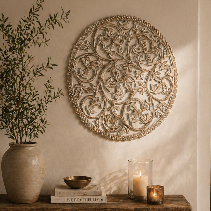 Wall Art | Round Wood Handcarved Wall Panel with Mirror, 36"