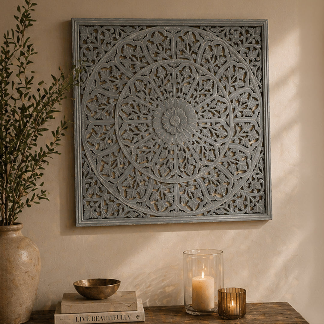 Mandala Wall Decor | Handcarved Wood Wall Art Panel, 48x48"