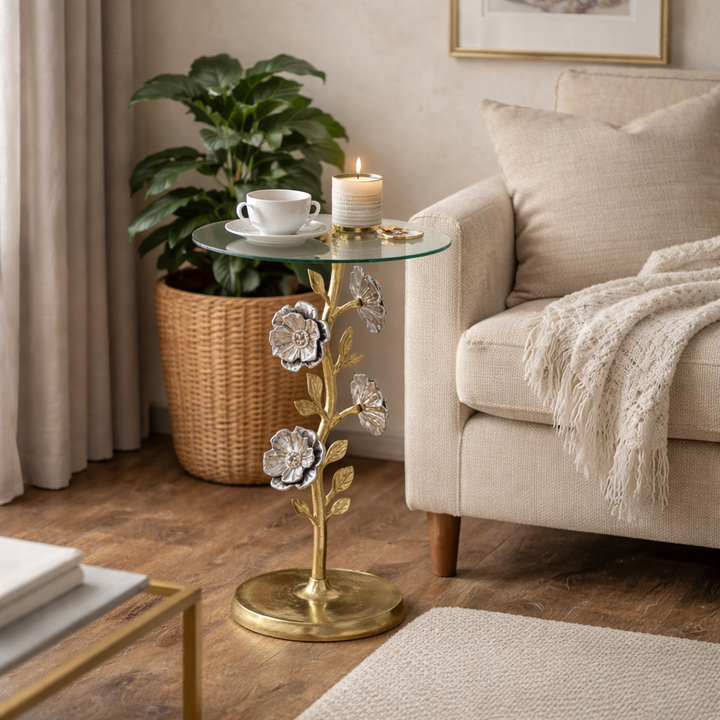 Side Table with Glass Top | Aluminum Base | Modern Accent