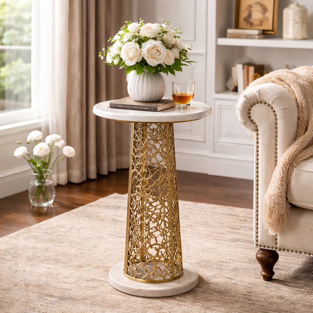 Side Table with White Marble Top | Aluminum Base
