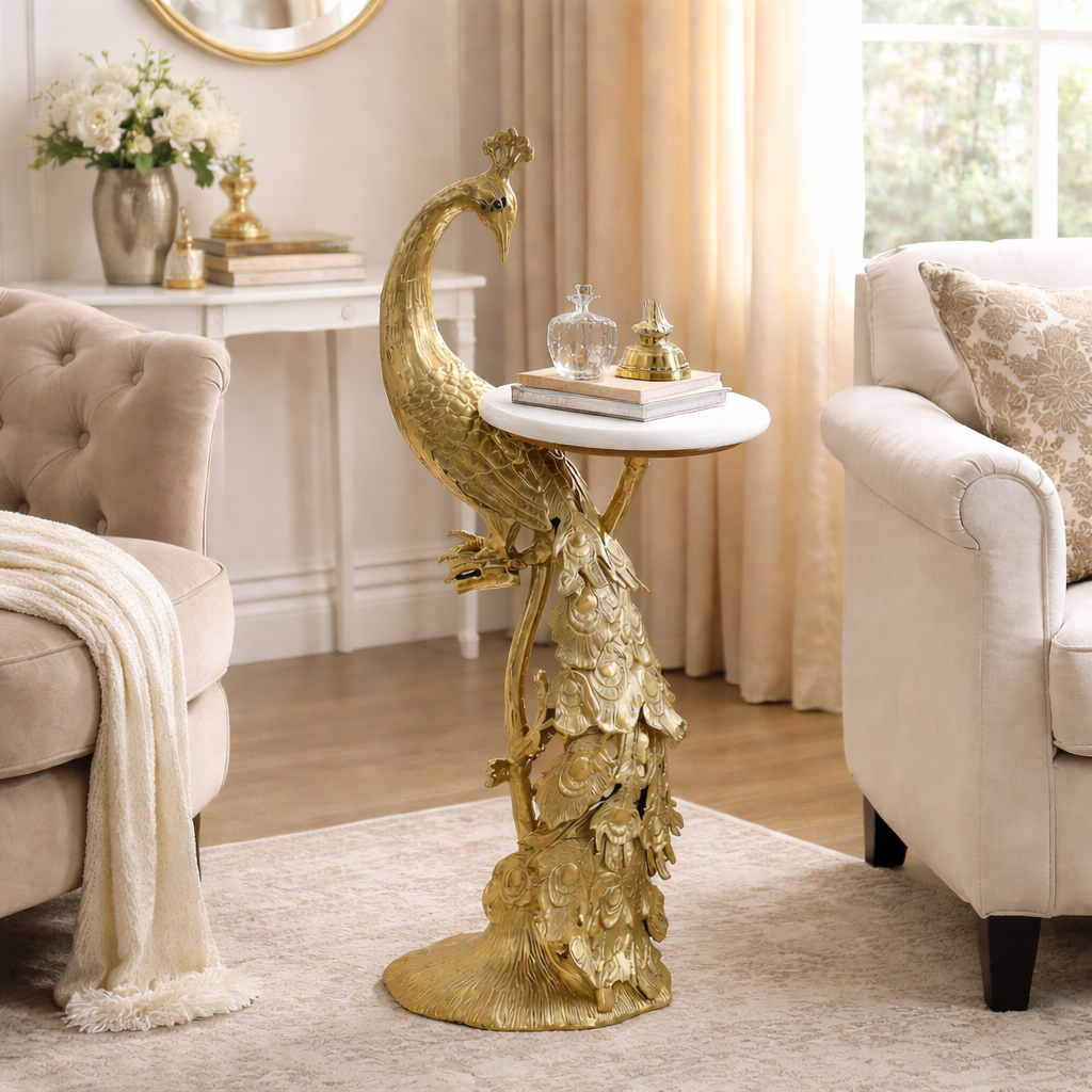Side Table with Marble Top | Peacock Sculpture Table