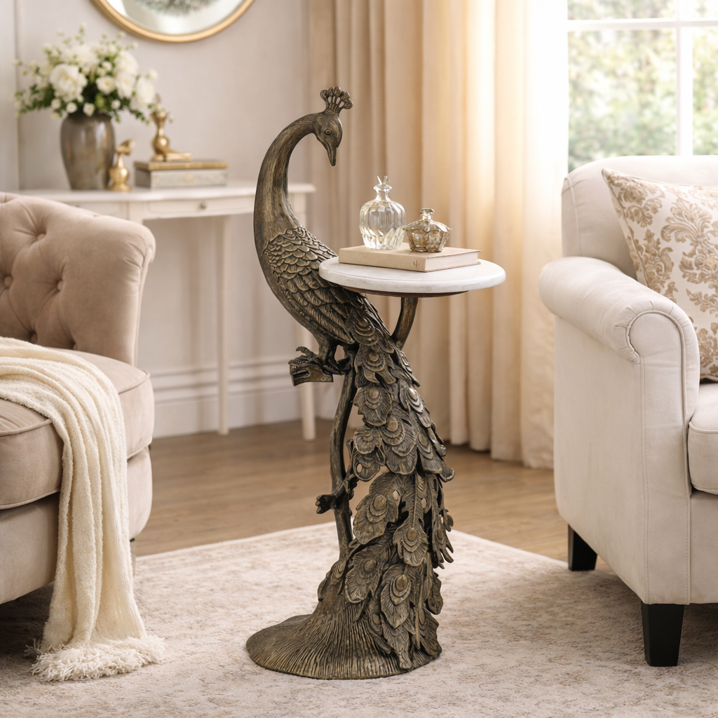 Brass Antique Side Table with Marble Top | Peacock Sculpture Table