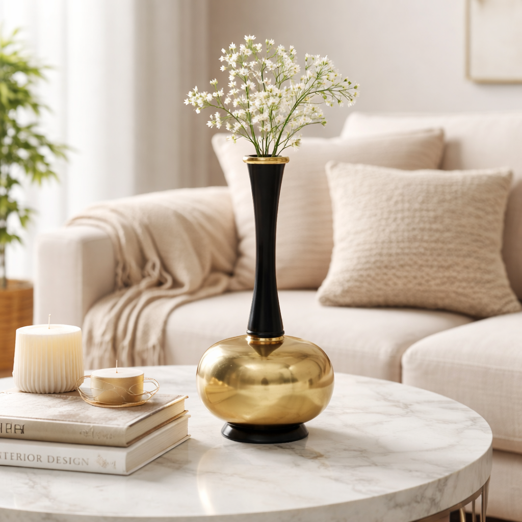 Vase | Decorative Minimalist Sleek Gold & Black Aluminum Vase | 8"x 8" x16" | Table Accent