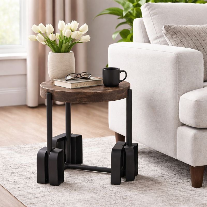 Rustic Wood & Iron Side Table 19.7" Height | Industrial End Table 20x16"