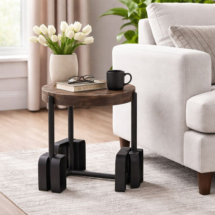 Rustic Wood & Iron Side Table 19.7" Height | Industrial End Table 20x16"