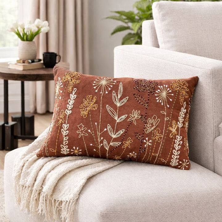 Linen Embroidered Lumbar Pillow | Rustic Floral Accent Cushion