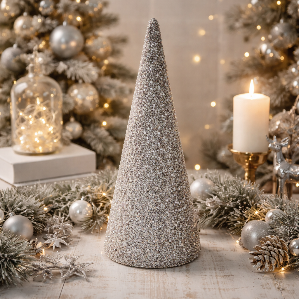Silver Beaded Cone Christmas Ornament | 18 inch Festive Decor