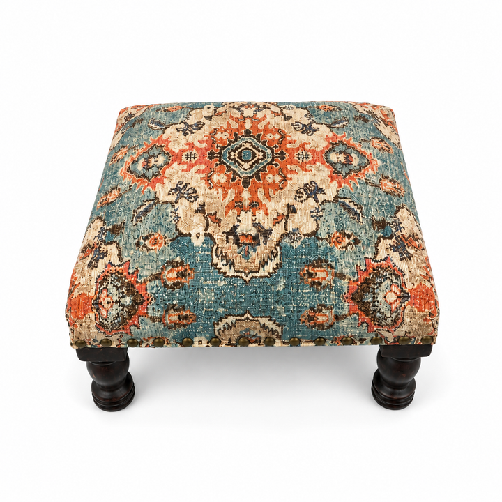 Printed Upholstered Foot Stool with Acacia Wood Frame