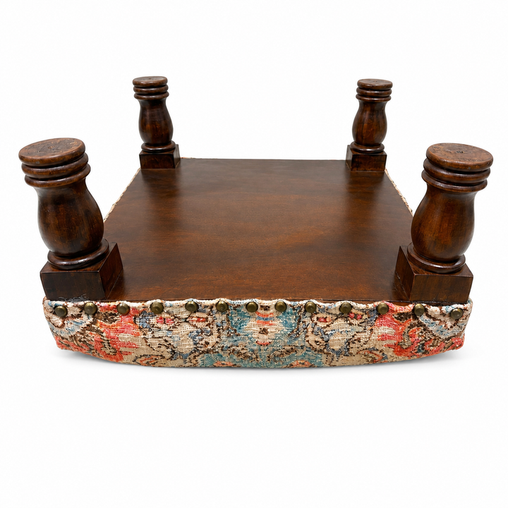 Printed Upholstered Foot Stool with Acacia Wood Frame