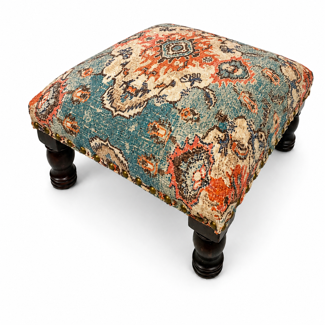 Printed Upholstered Foot Stool with Acacia Wood Frame