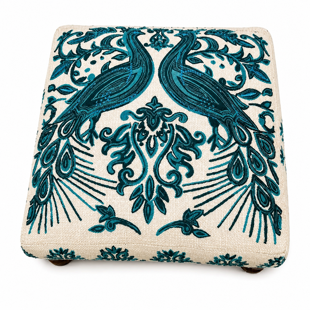 Bohemian Embroidered Upholstered Foot Stool, 16x16x8"