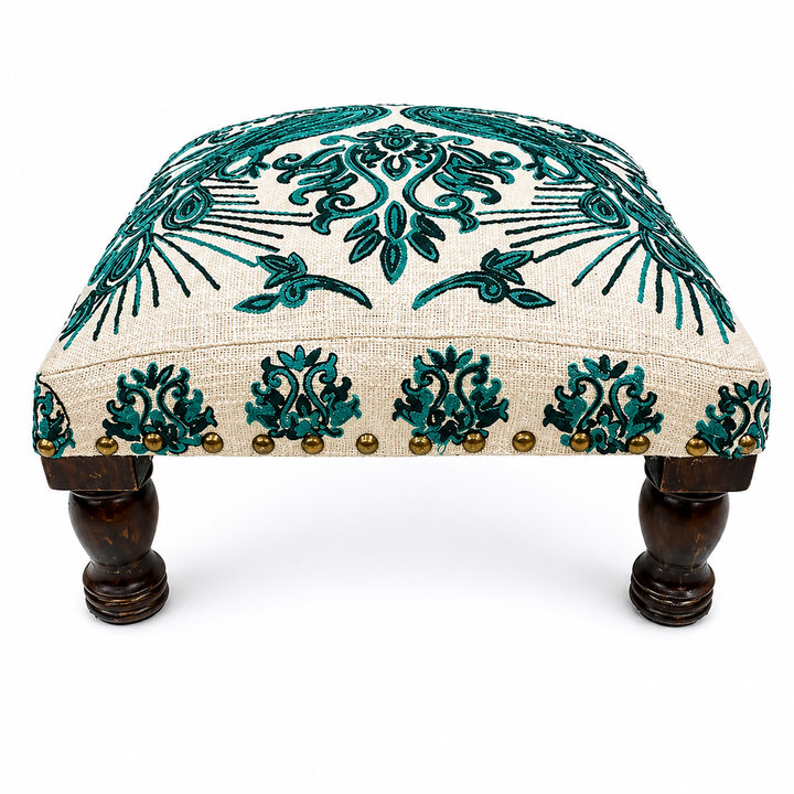 Bohemian Embroidered Upholstered Foot Stool, 16x16x8"
