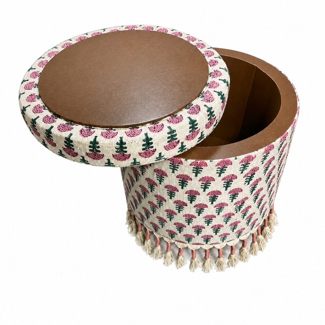 Bohemian Upholstered Ottoman with Hidden Storage, 16x16x18"
