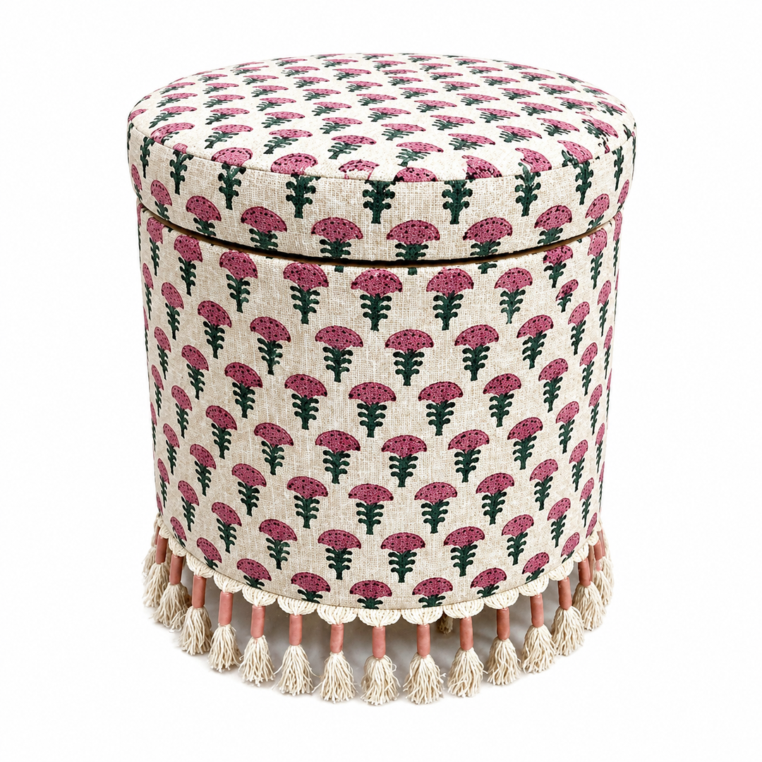 Bohemian Upholstered Ottoman with Hidden Storage, 16x16x18"