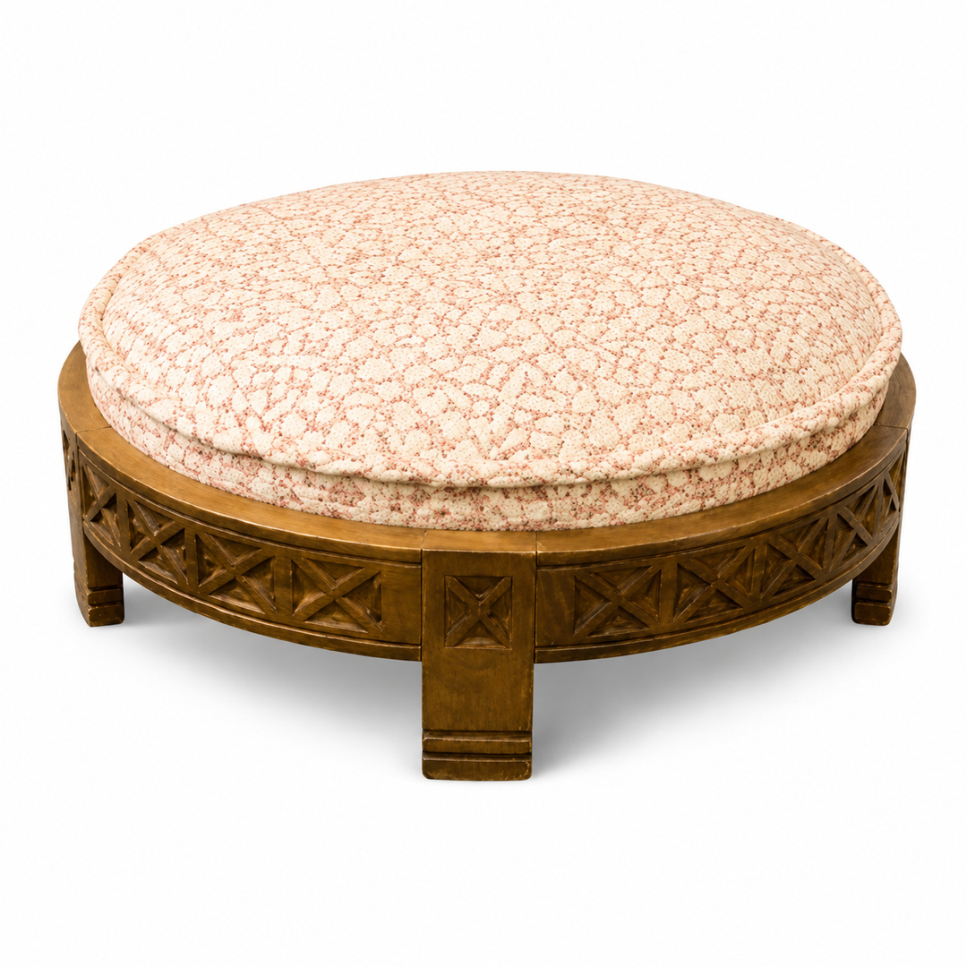 Handcrafted Wooden Upholstered Round Ottoman, 29.5"