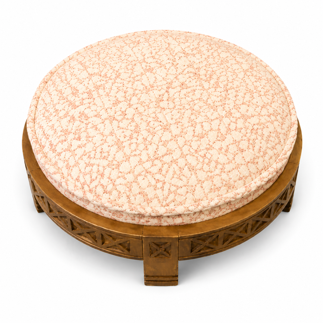 Handcrafted Wooden Upholstered Round Ottoman, 29.5"