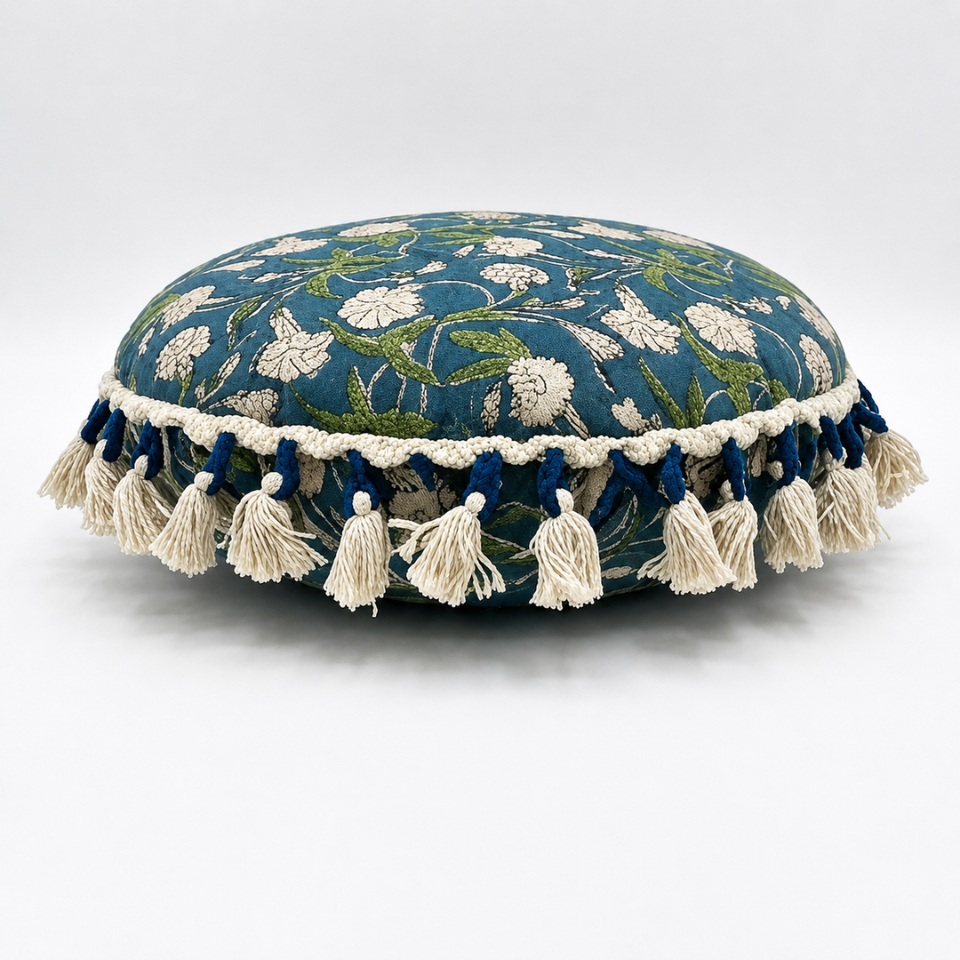 Printed Round Floor Pillow with Tassels, 20x20x3.5"