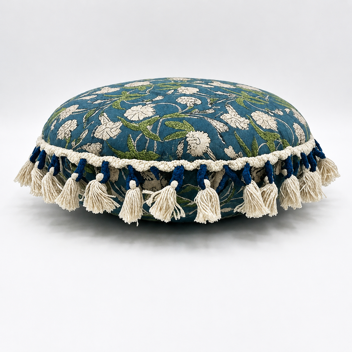 Printed Round Floor Pillow with Tassels, 20x20x3.5"