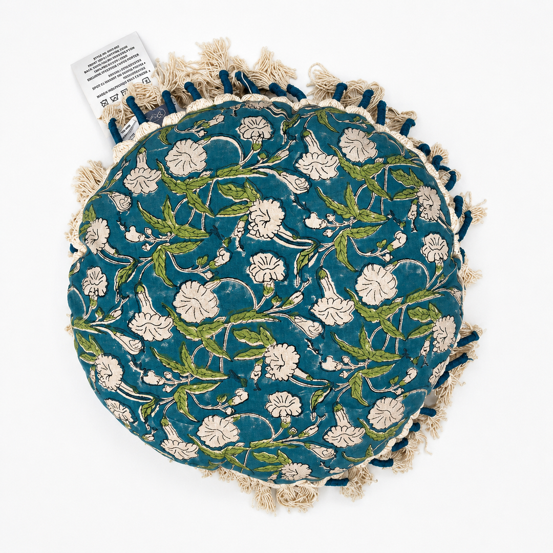 Printed Round Floor Pillow with Tassels, 20x20x3.5"
