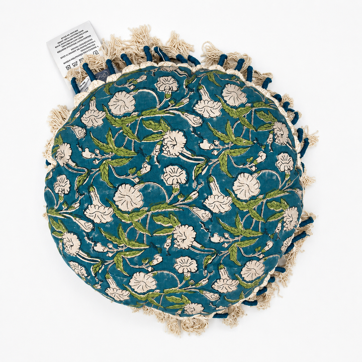 Printed Round Floor Pillow with Tassels, 20x20x3.5"