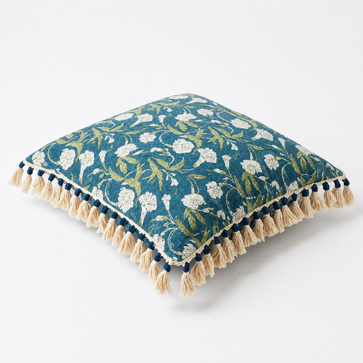Indigo Floral Printed Pillow with Filler & Tassels, 20x20x6"