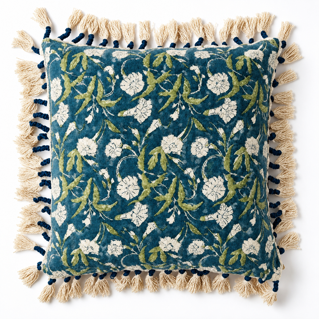 Indigo Floral Printed Pillow with Filler & Tassels, 20x20x6"