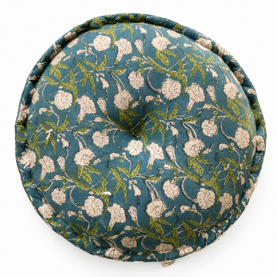 Printed Floral Pouf Ottoman, 22x22x8" Round Floor Cushion