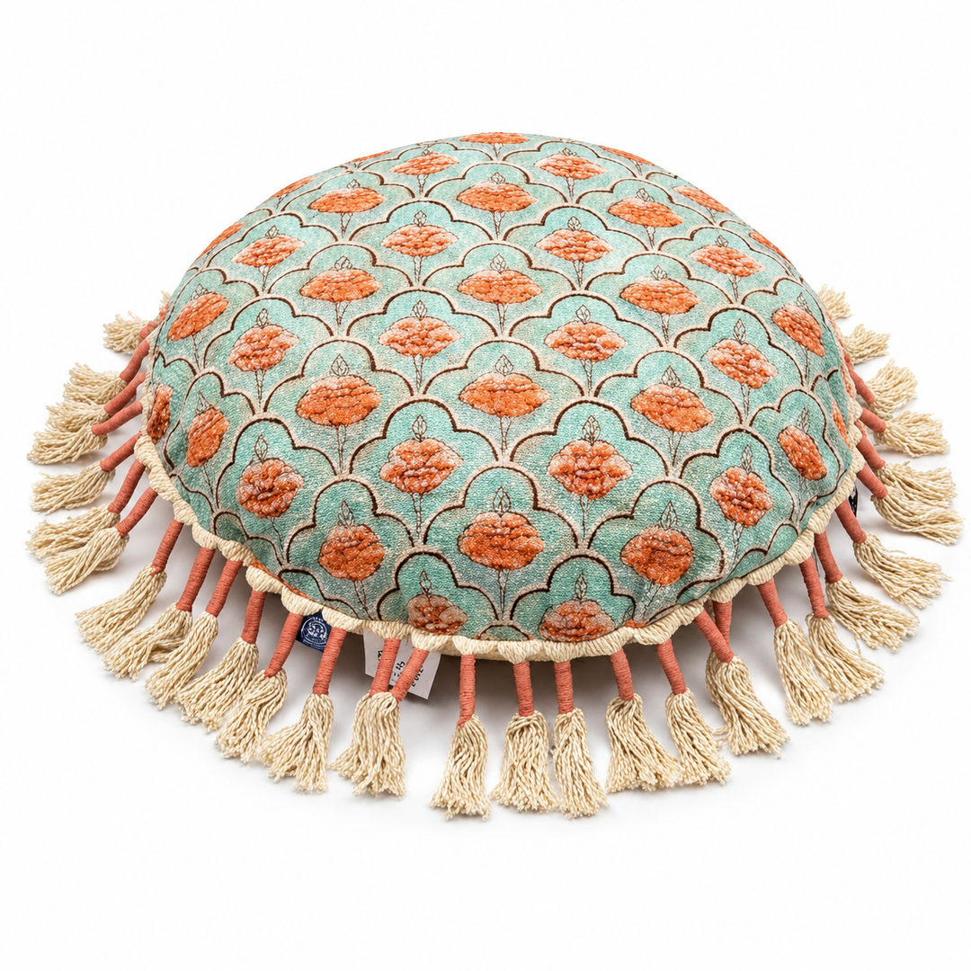 Printed Round Floor Pillow with Tassels, 20x20x3.5"