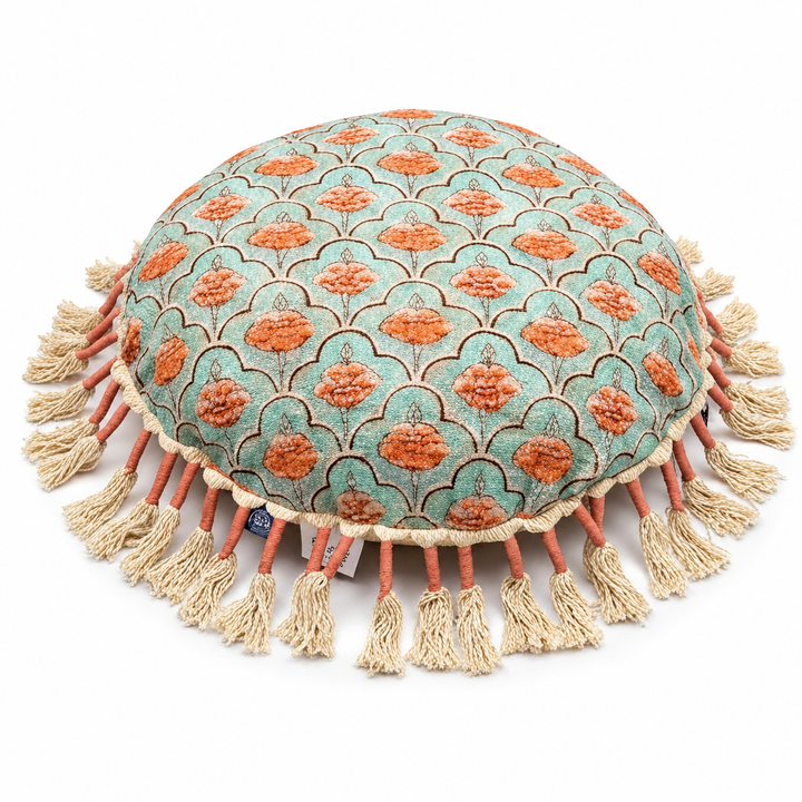 Printed Round Floor Pillow with Tassels, 20x20x3.5"