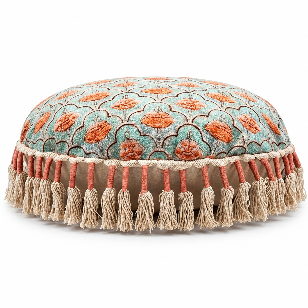 Printed Round Floor Pillow with Tassels, 20x20x3.5"