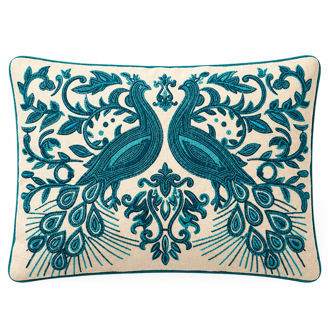 Embroidered Peacock Decorative Pillow with Filler, 16x24x6"