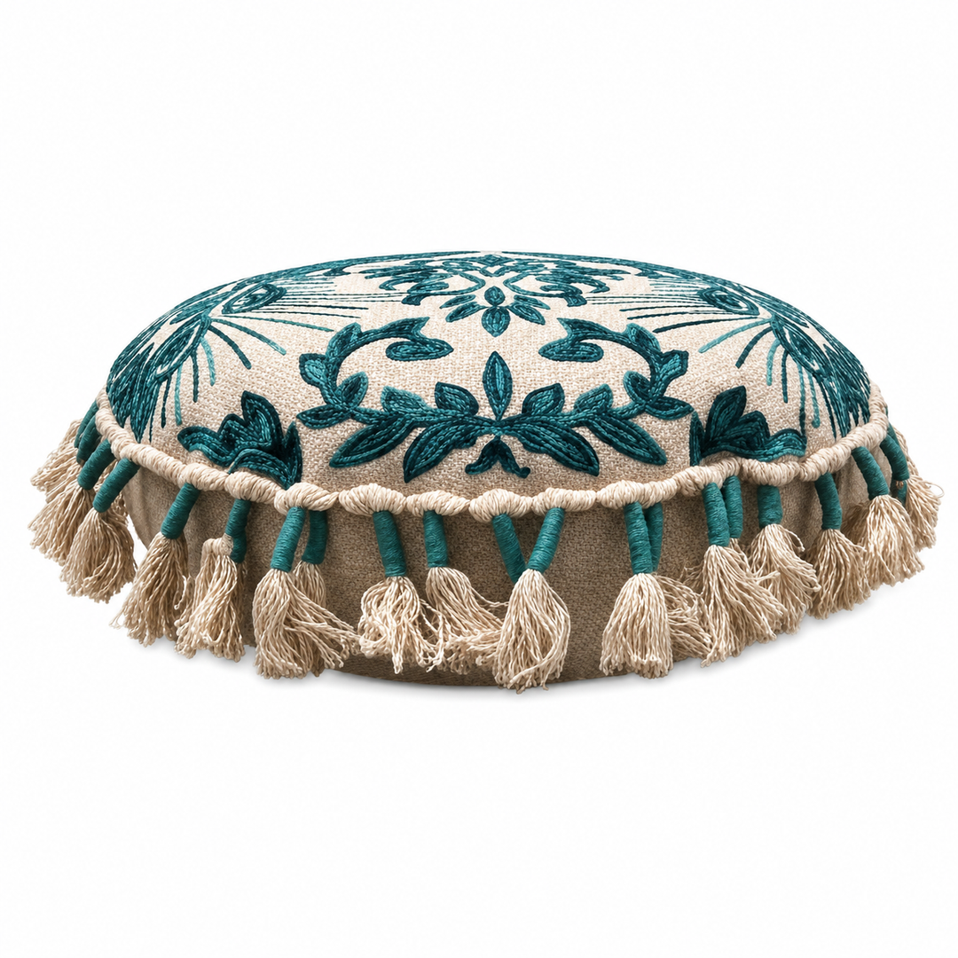 Embroidered Floor Pillow with Tassels & Filler, 20x20x3.5"